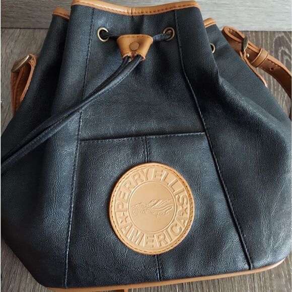Vintage Perry Ellis America Black Drawstring Bucket Crossbody Bag - Picture 4 of 10
